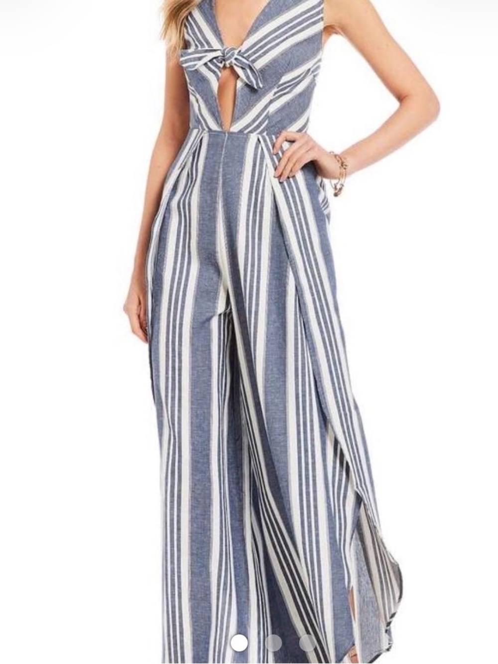 Altar’d State Striped Blue & White Wide-Leg Jumpsuit with Tie Front